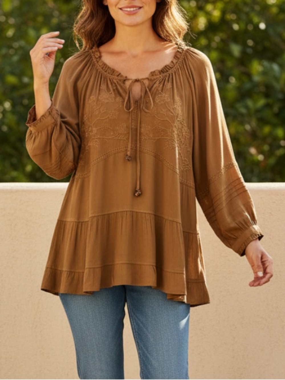 John Mark Caramel Brown Embroidered Peasant Tunic Top